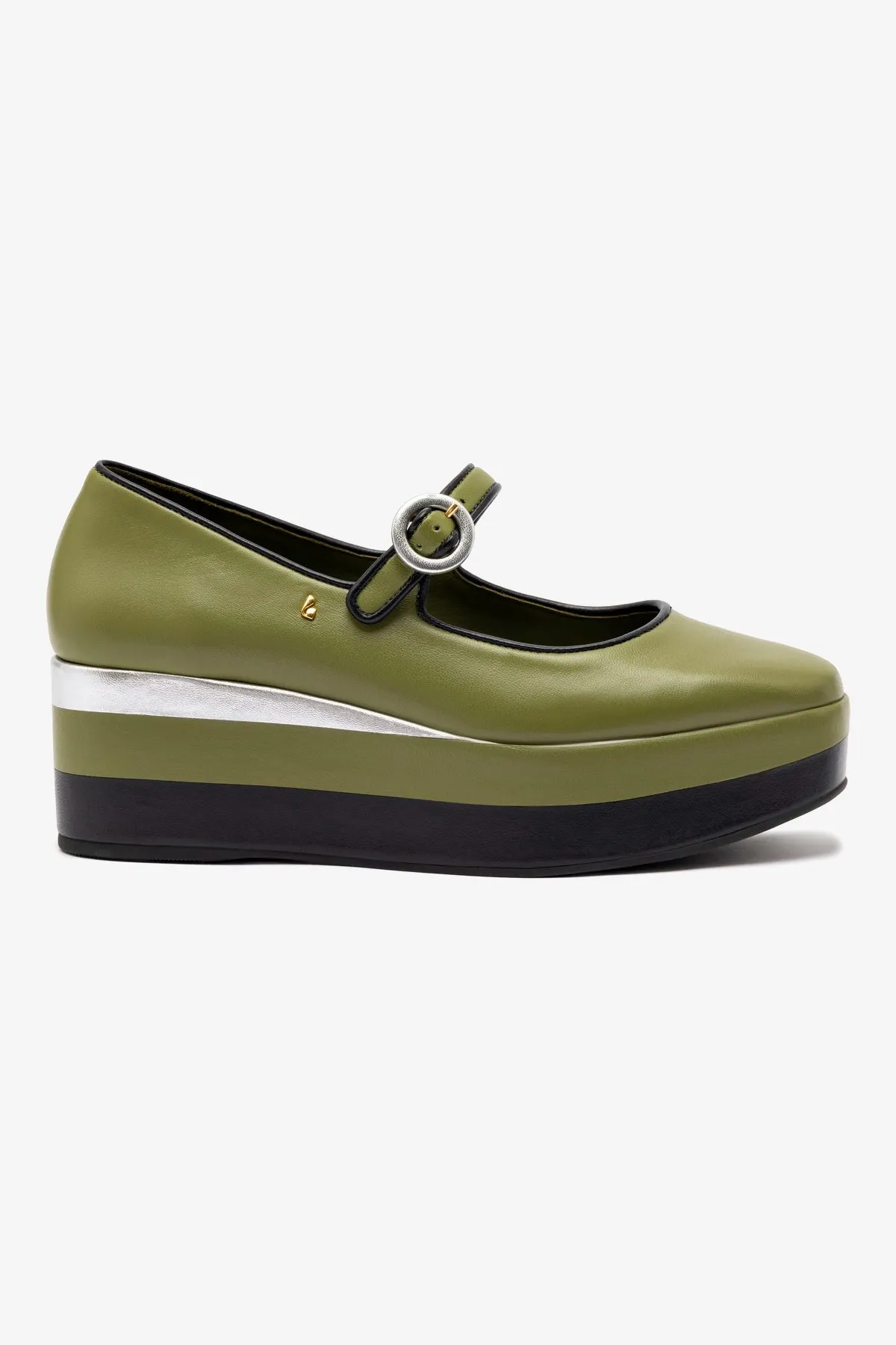Blair Flatform In Seaweed and Black Leather and Silver Metallic Leather