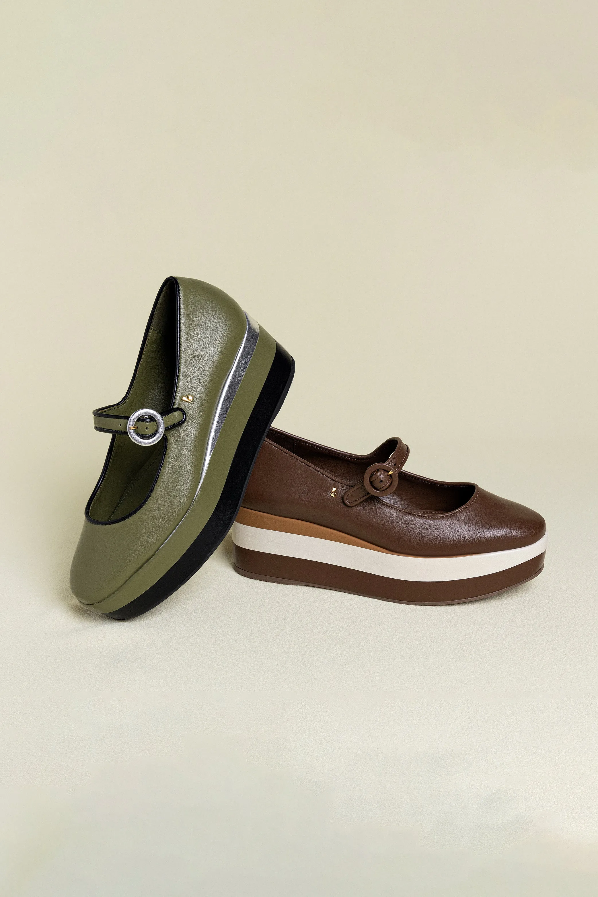 Blair Flatform In Seaweed and Black Leather and Silver Metallic Leather