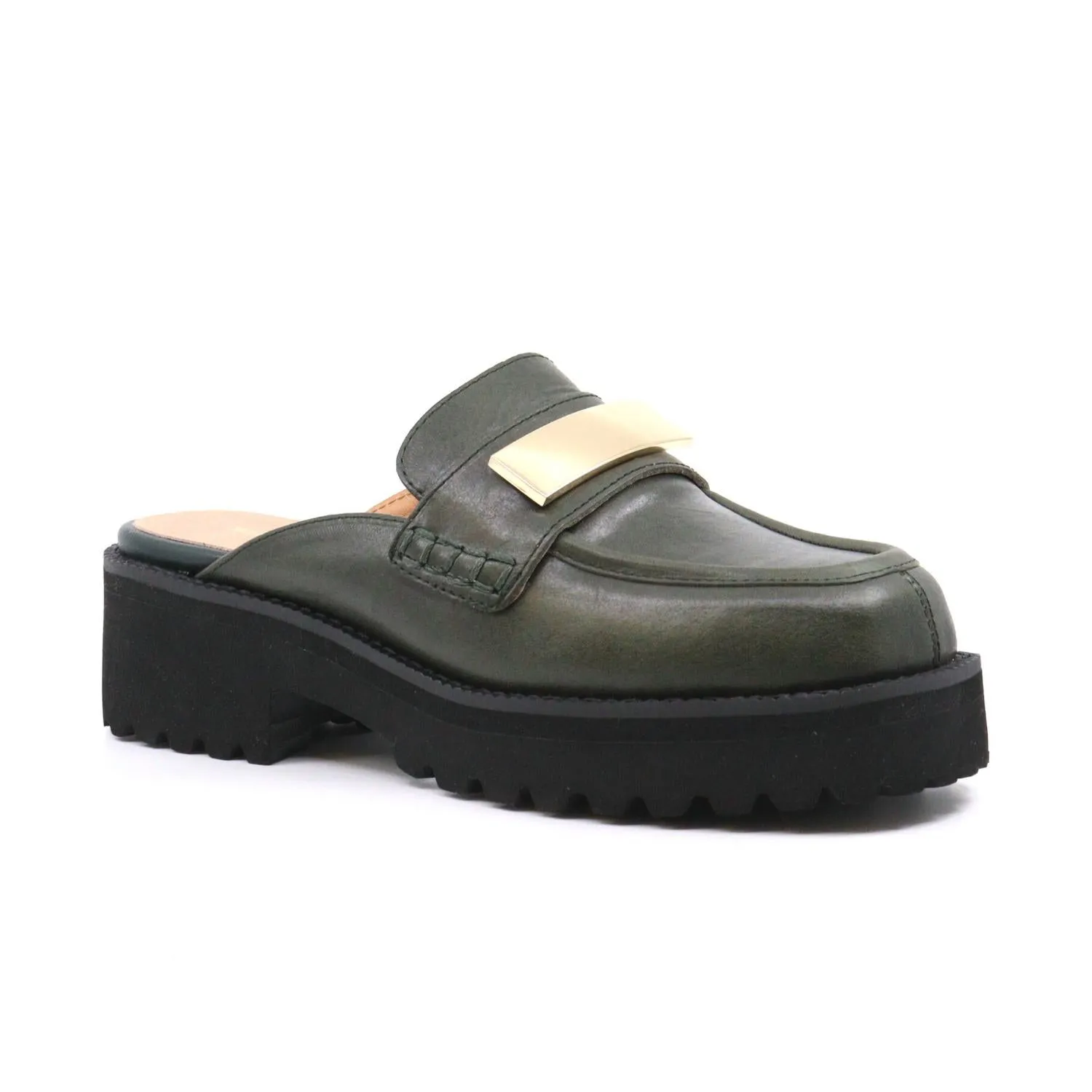 Flat Buckle Mule In Green